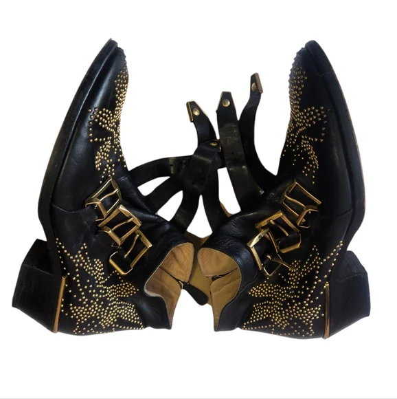 Chloe Women's Black Ankle Boots with Gold Studs - Picture 2 of 16